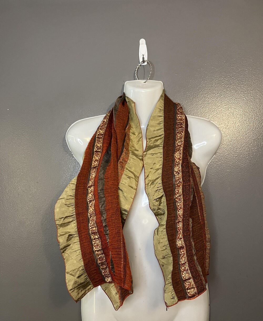 Organza Silk Striped Scarf Womens One Size Brown Orange Gold Ruffle Boho Texture